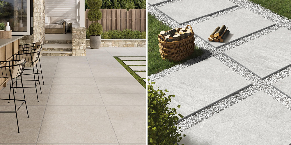 (Left) Kensington beige antiqued stone patio tiles, (Right) Luxor silver porcelain paving slabs